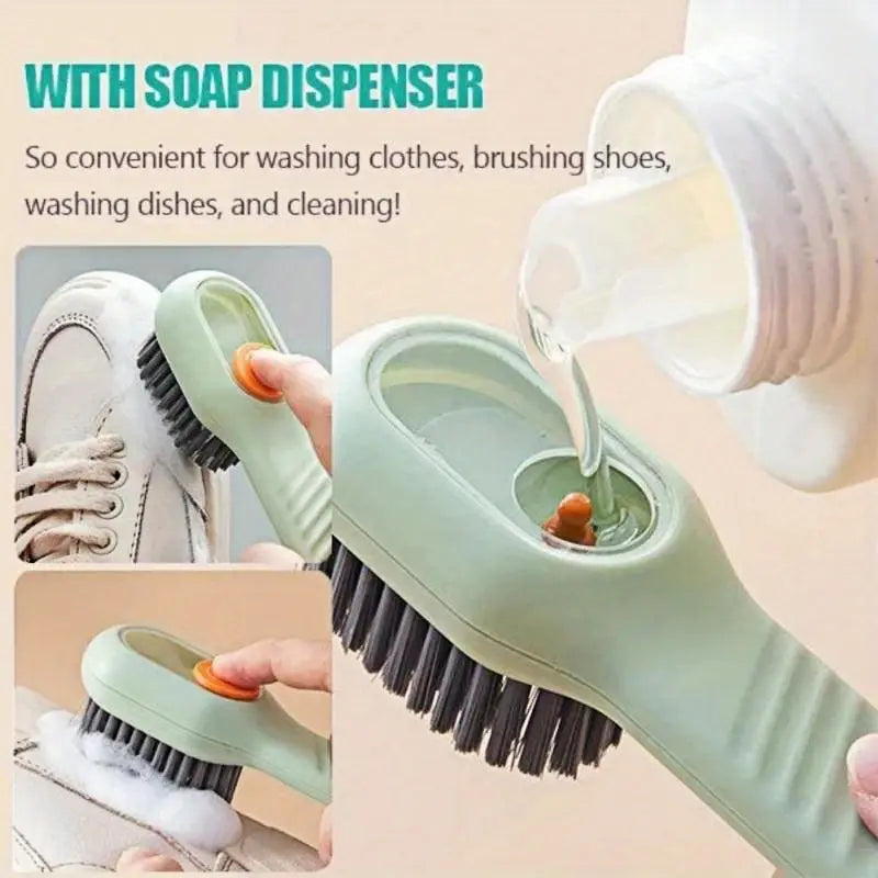 "Multifunctional Shoe & Cleaning Brush with Built-in Liquid Dispenser – Long Handle, Soft Bristles for Kitchen & Bathroom